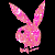 Pink glittery bunny silhouette with long ears and a small tail on black background, next to text reading "I'm A Playmate" in light pink pixelated font.