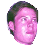 A circular cropped head with pink skin tone, dark hair, and a neutral expression on the left side of a