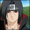 A character with black hair and red eyes wears a silver headband with a spiral symbol, red-lined cloak, and necklace; the background shows greenery under blue sky.