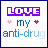 A 3x3 contact sheet of animated frames showing a pixel art icon with 'LOVE my anti-drug' text and heart symbols, each frame displaying slight variations in color and heart placement.