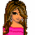 Pixelated cartoon woman with long brown hair wearing pink off-shoulder top and black flared pants holding a pink gift box, shown in two side-by-side frames of an animated contact sheet.
