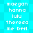 Pixelated text list on cyan background with diamond pattern, showing repeated names and phrases in white block letters.