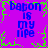 Purple background with blue text reading "bacon is my life" repeated four times in a , surrounded by green pixelated border