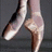 A four-quadrant image with a ballet dancer's feet in pointe shoes on dark background, green backgrounds with pink pixelated text, and a gray quadrant.