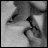 Four- with grayscale imagery and text; top-left shows blurred facial features, other display pixelated text reading 'your pains raise me to bliss' in varying styles