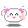 Pixel art character with white face, pink bows, and gray ears in four animated states showing blush, tears, and hand movements.