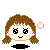 Pixelated cartoon girl with brown hair and red earrings, smiling in two states: left state has closed eyes and a pink bubble; right state has open eyes and no bubble.