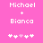 Pixelated text 'Michael + Bianca' on pink background with two of white and light pink symbols below
