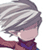 Pixelated static image of a character with gray hair and pink skin wearing a dark outfit, viewed from the side against a white background.