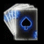 Four views of a 3D cube with blue and white patterns, each showing a black spade symbol at the center, with red text 'house' and 'ful' visible in two views.