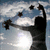 Silhouette of a person with arms raised against a bright sun and cloudy sky, holding a camera and stars.