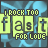 Animated sequence of repeated text elements 'ROCK TOO' and 'FOR LOVE' in yellow-green on blue background with subtle motion.