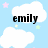 Pixelated image with light blue background, white clouds, and small stars; black text 'emily' overlaid on a cloud.