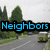Pixelated image showing a landscape with trees and a road, overlaid with blue text reading "Neighbors" on a black background.