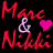 Pixelated red text "Marc Marc & Nikki Nikki" with pink hearts on black background, two identical frames in contact sheet layout.