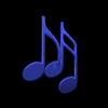 Blue musical notes in various sizes and arrangements on a black background, with some notes appearing to animate or change position.