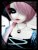 Pixelated image of a stylized character with pink hair, white face, and dark eyes against a black background.