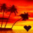 Animated sunset beach scene with palm trees and a heart symbol changing color between frames.
