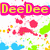 Pixelated graphic with 'DeeDee' text in yellow on pink, surrounded by scattered red and green shapes against white background.