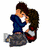 Animated pixel art of two figures embracing, with pink text overlays changing across frames.