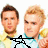 A pixelated image of two men in yellow shirts with black text overlays, showing animation changes between frames.
