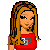 Pixel art of a woman with long brown hair wearing red top and black shorts, standing next to text reading 'you can find me in da CLUB!' on white background.