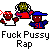 Pixel art buddy with multiple character sets and text labels, including red-faced figures in white shirts and blue caps, dark-skinned figures in black outfits, and crossed-out 'Fuck Pussy Rap' variants