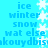 Pixelated blue background with repeating white snowflakes and text phrases including 'ice', 'winter', 'snow', 'wat else', and 'kouydbis' in light blue.