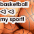 Pixelated orange-brown background with white text boxes containing 'basketball' and 'my sport!' and two basketball icons.