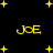 Yellow text 'JOE' appears four times on a black background with scattered yellow stars, each instance slightly offset from the others.