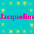 Cyan background with yellow starburst patterns and repeated pink text "Jacqueline" in pixelated font.