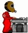 Pixelated figure in red outfit with gas mask-like headpiece stands beside gray industrial structure, head turned left to right