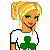 Pixel art of a blonde woman in a white shirt with green shamrock and green pants, with green text reading Lucky Irish.