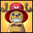 Pixelated character with red hat and antlers against yellow background, next to black with white text