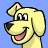 Four pixelated yellow dog faces with black noses and pink mouths against a solid blue background, each in distinct head positions.