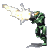 Pixelated green armored figure in dynamic pose firing a bright white and yellow energy blast from a handheld weapon against gray background.