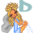 Pixel art animation of a cartoon woman with blonde hair and blue dress, shown in two frames with different background letters.