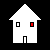 Two white pixelated houses on black background; left house has solid red square window, right house shows red pixel explosion around same window.