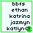 four identical pixelated with green borders, each containing a vertical list of names and a small green icon at the bottom right