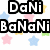 Pixelated text "DaNi BaNaNi" in bold black outlines with white fill, surrounded by pastel stars in pink, blue, green, and yellow on a white background.