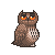 Pixel art owl with orange eyes and brown feathers, displayed in a of identical static images on a gray background