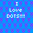 Blue background with repeating pink circular patterns and white pixelated text reading "I Love DOTS!!!" in four identical quadrants.