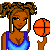 Pixelated character with brown skin and braided hair holds an orange basketball, wearing a blue tank top against white background.