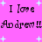 A static image with a bright pink background featuring repeated text "I love Andrew" in black pixelated font, surrounded by light blue plus signs.