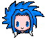 Four pixel-art character head views with blue spiky hair, pink skin, and white accents on a gray background.