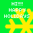 Green background with yellow snowflakes and white text reading 'HI!!!! HAPPY HOLIDAYS' in four identical