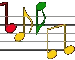 Animated musical notation with red, yellow, and green notes on gray staves, showing sequential note changes across three