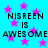 Cyan background with pink stars and repeated text 'NISREEN IS AWESOME' in black pixelated font.