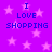 Purple background with pink stars and blue text reading "I LOVE SHOPPING" in four identical quadrants.