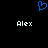 Blue pixelated heart symbol above two white 'Alex' text labels on black background.